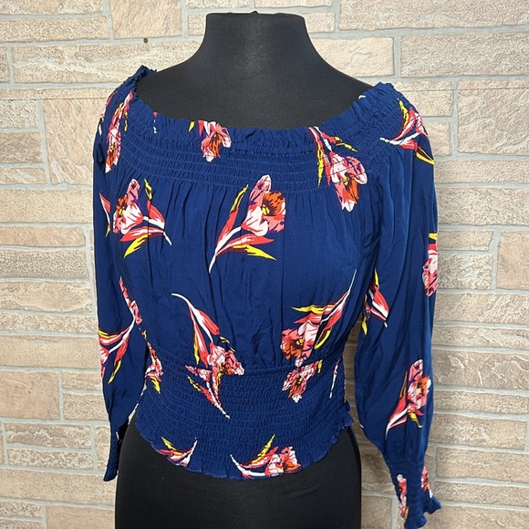 Express Blue Floral Off-Shoulder Blouse - Picture 6 of 9